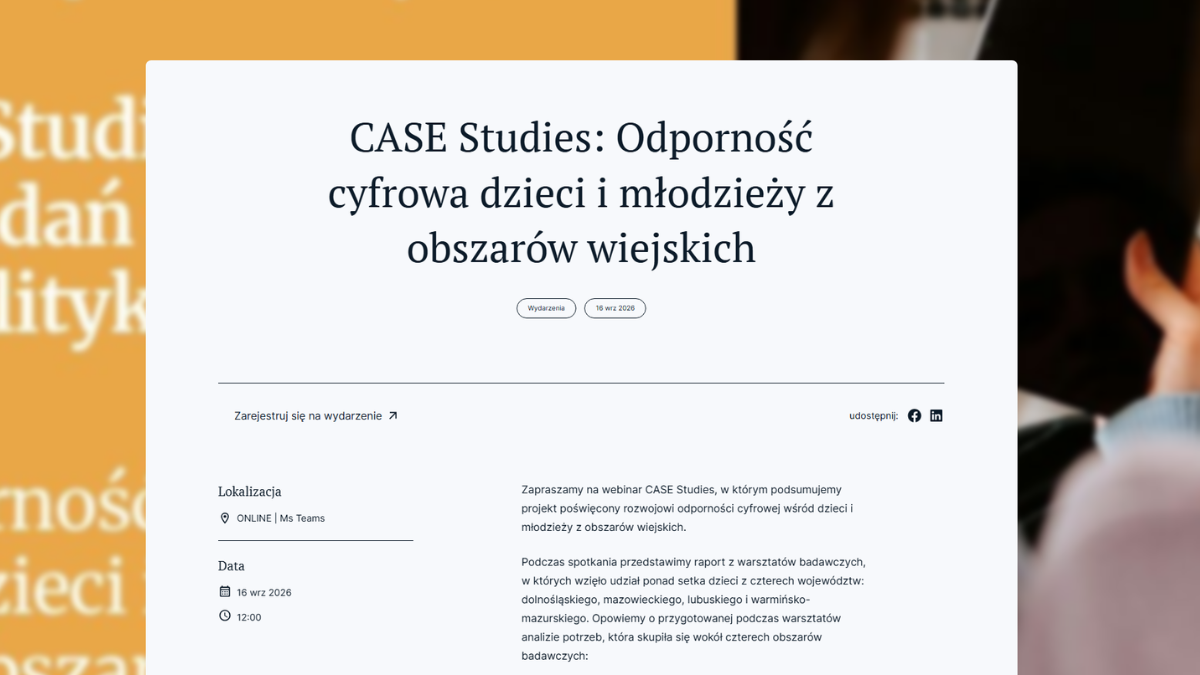 Odporność cyfrowa wśród dzieci i młodzieży z obszarów wiejskich - spotkanie online